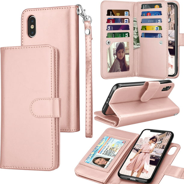 Leather Cover Compatible with iPhone Xs Pink Wallet Case for iPhone Xs 